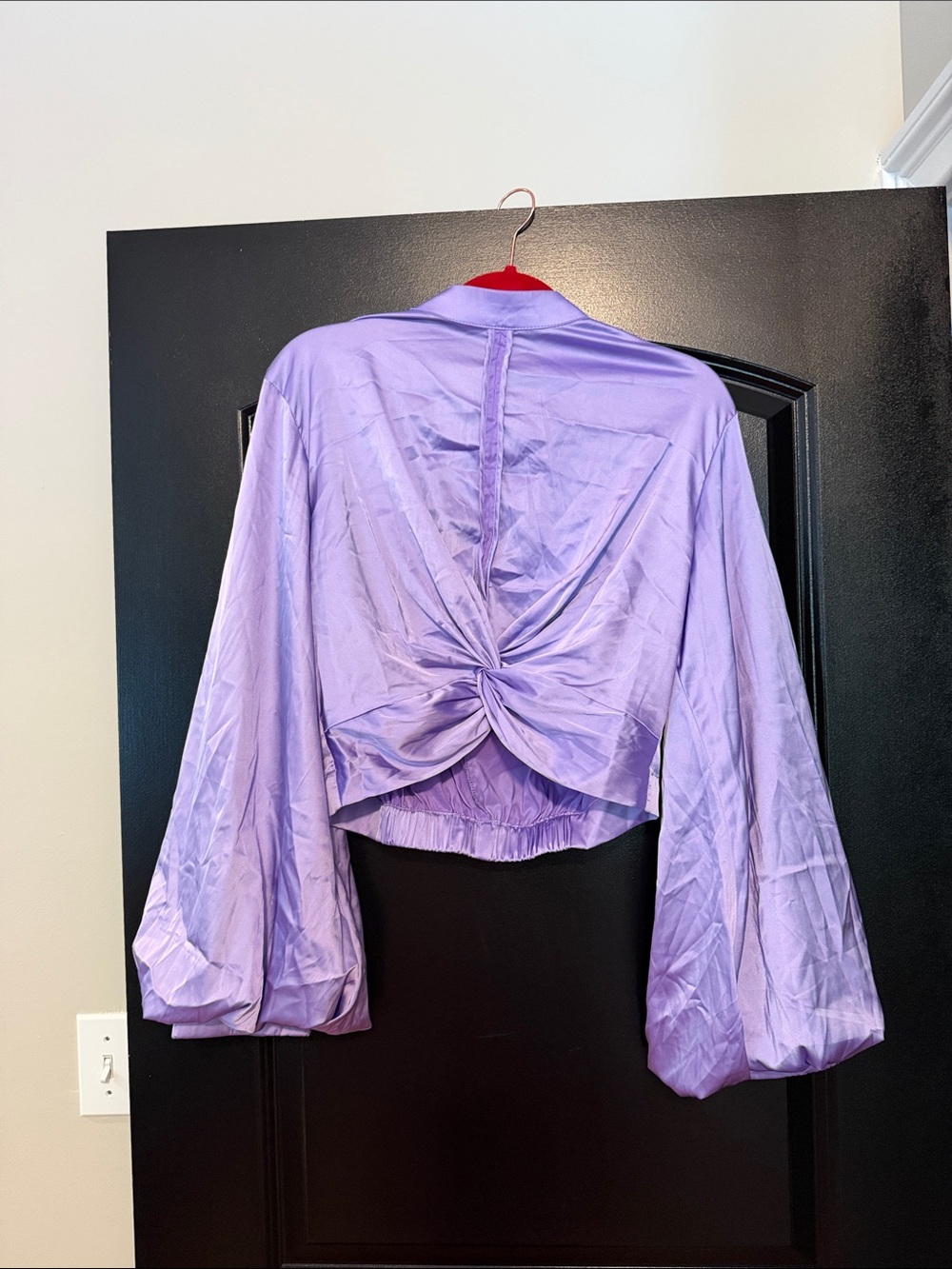 Fashion Nova Lavender Twist-Back Satin Cropped Blouse